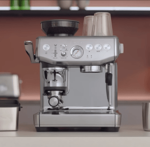 Breville Barista Express Impress BES876 product view showing the external controls and preparation area