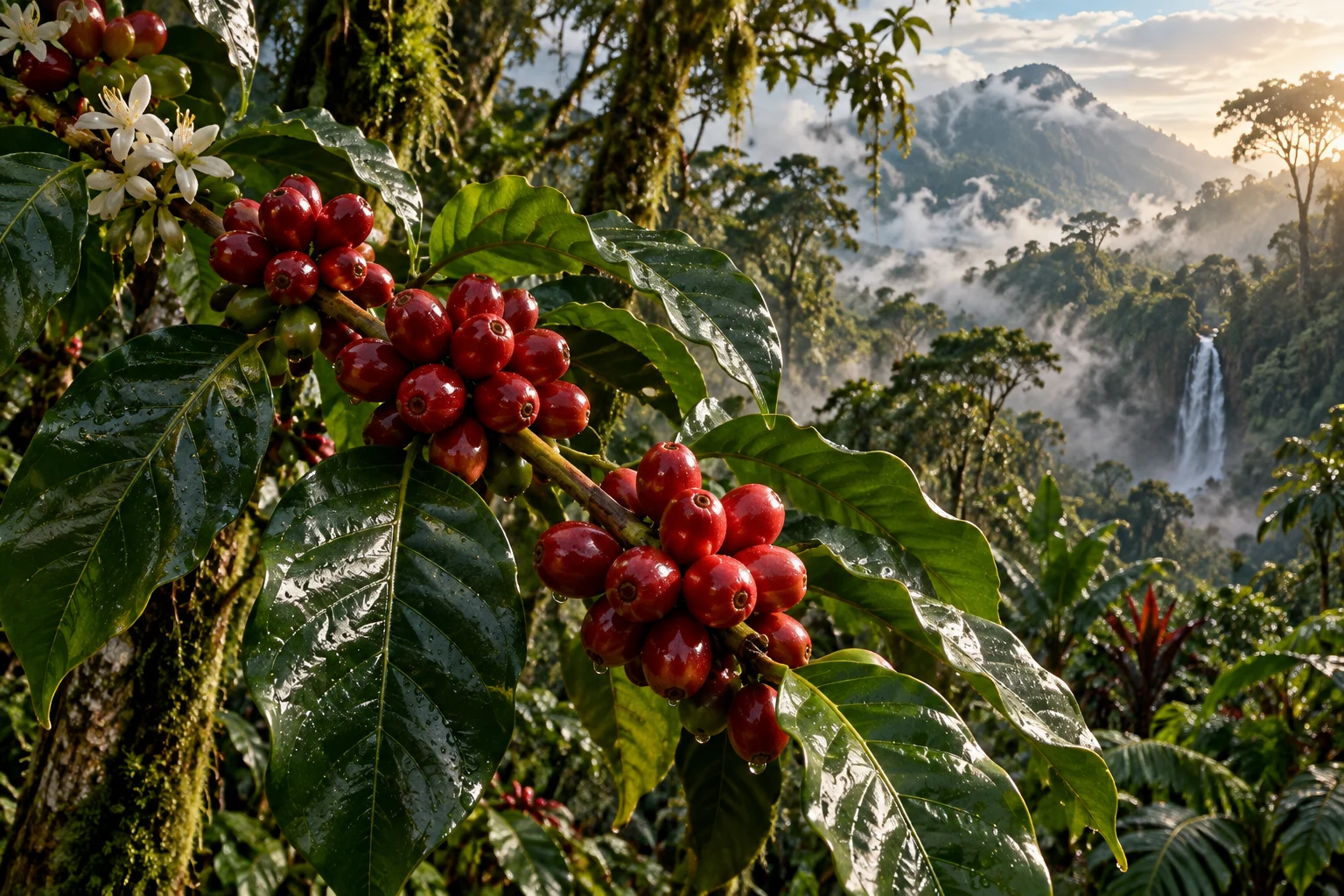 Illustrative coffee cherries and leaves introducing an article about Coffea canephora.