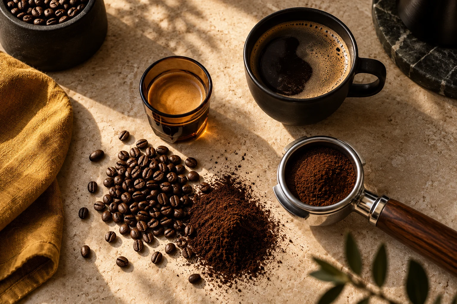 Illustrated coffee still life with espresso, an Americano and ground coffee