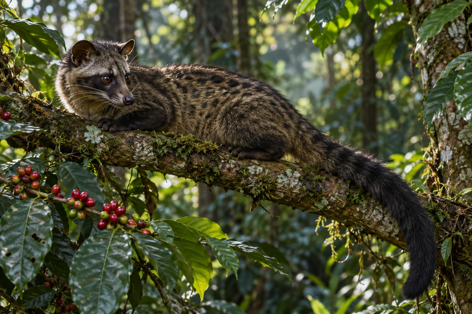 Original illustration of an Asian palm civet freely resting on a tropical forest branch