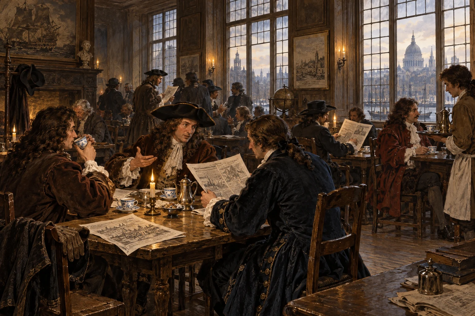 Artistic reconstruction of a London coffeehouse with readers and merchants