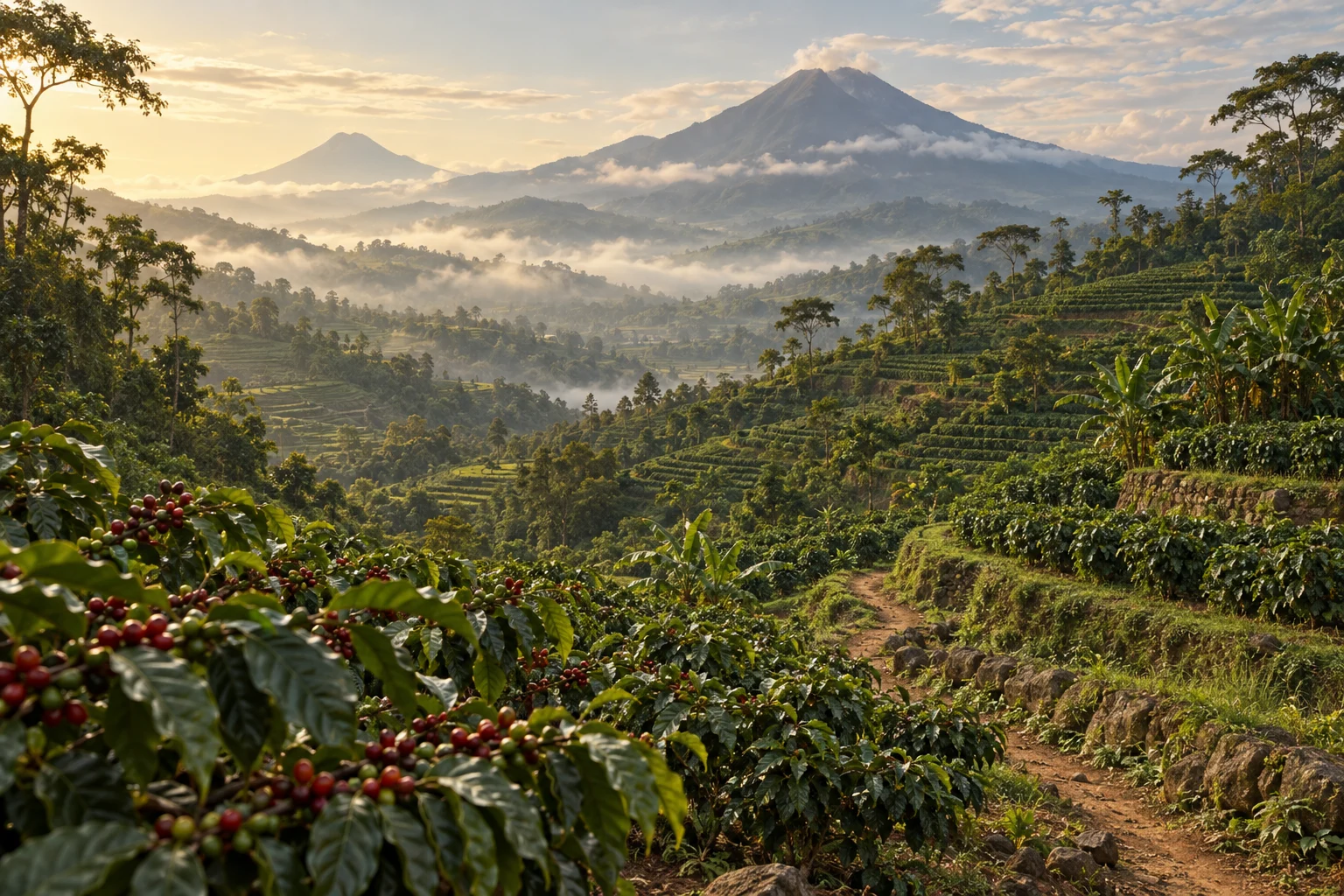 Original illustration of cultivated coffee terraces in a Javanese mountain landscape