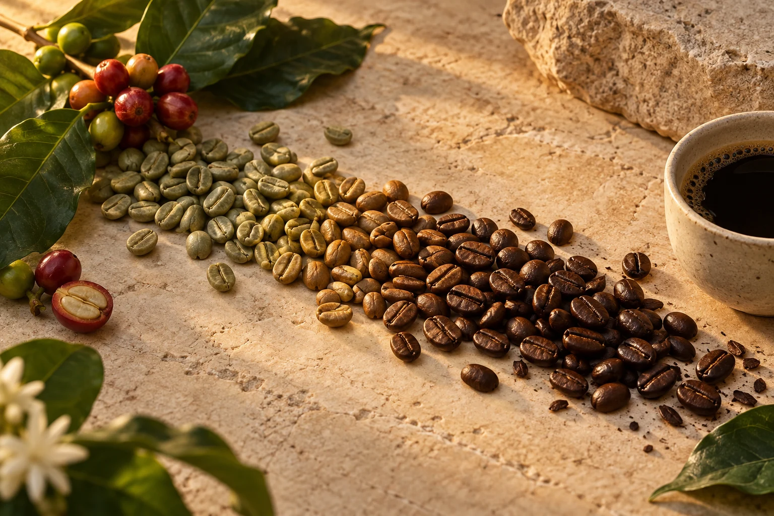 Original still-life illustration of green beans, roasted beans and a cup of coffee