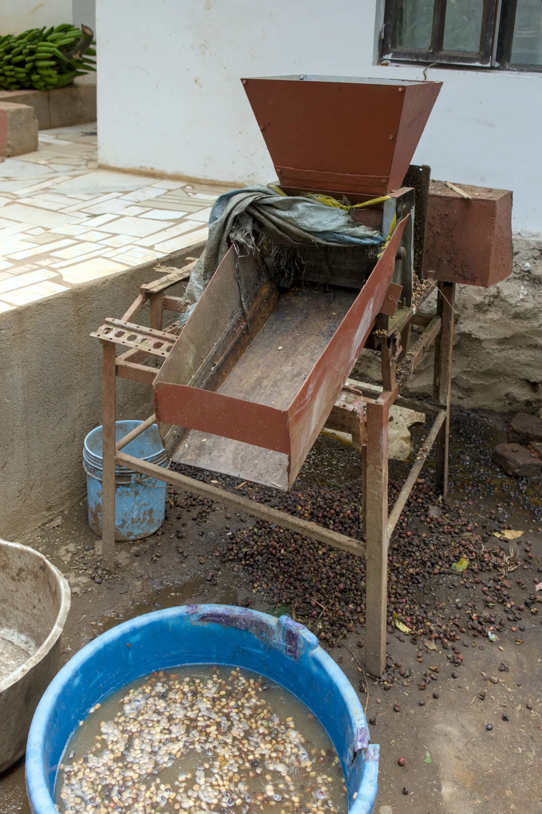Coffee pulping machine next to a washing tank on a farm in Tanzania