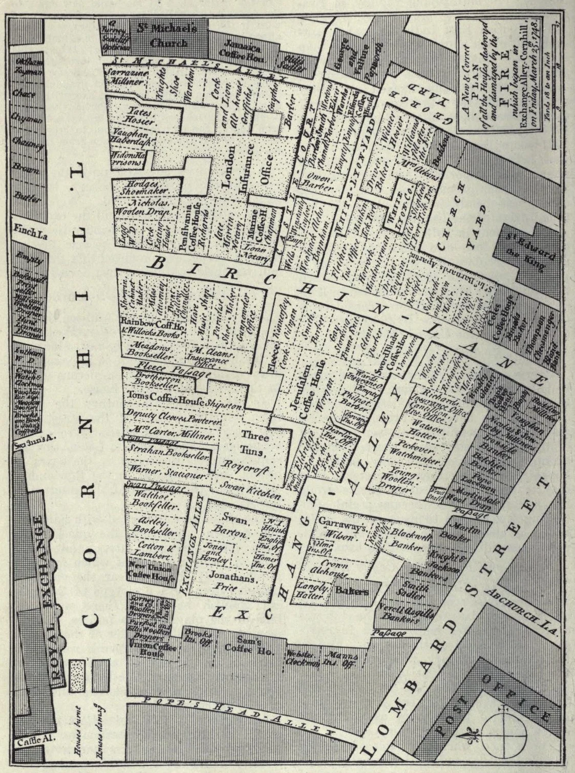 Black-and-white map labeling coffeehouses clustered around London's Exchange Alley