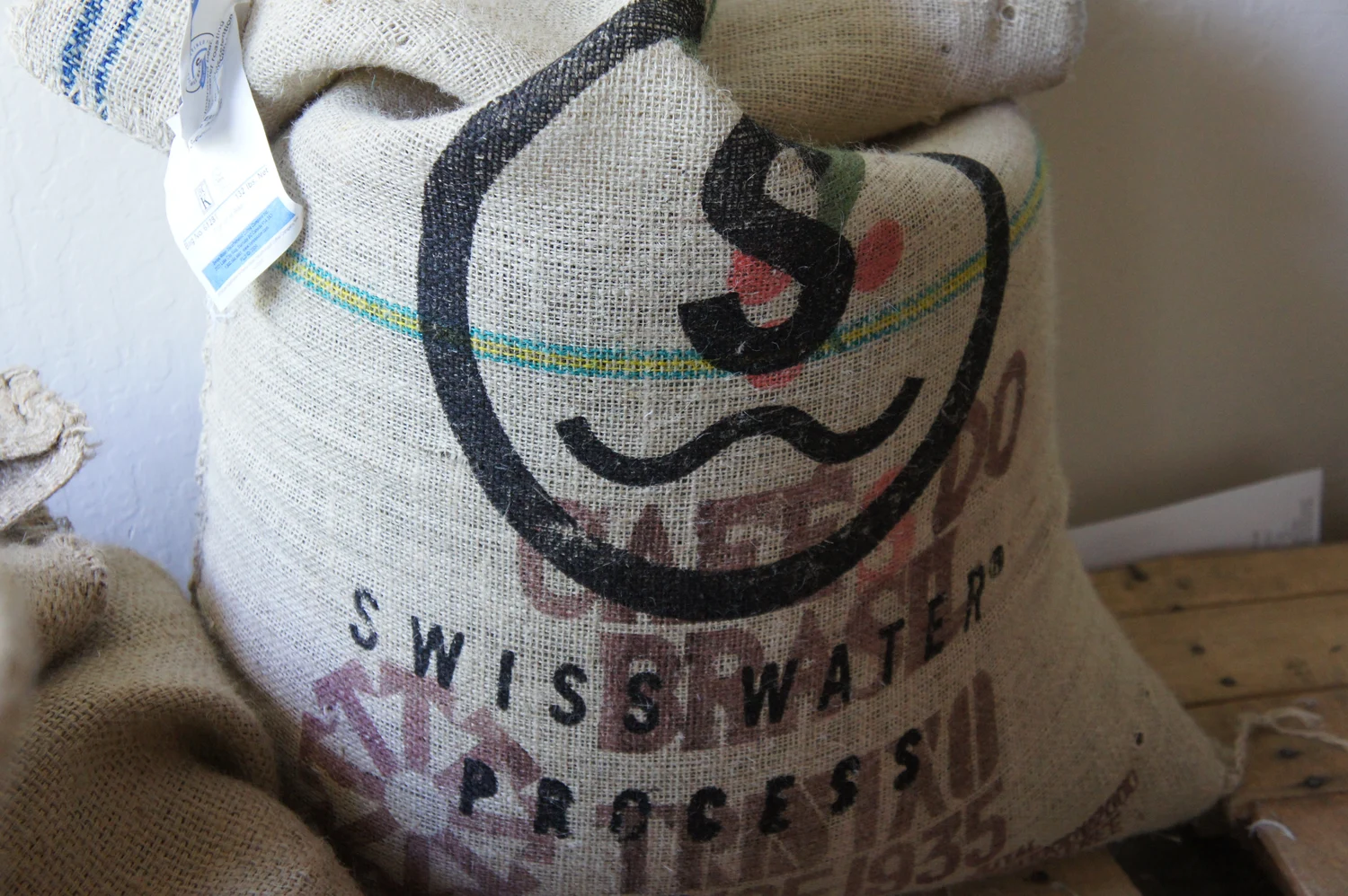 A coffee sack labelled Swiss Water Process