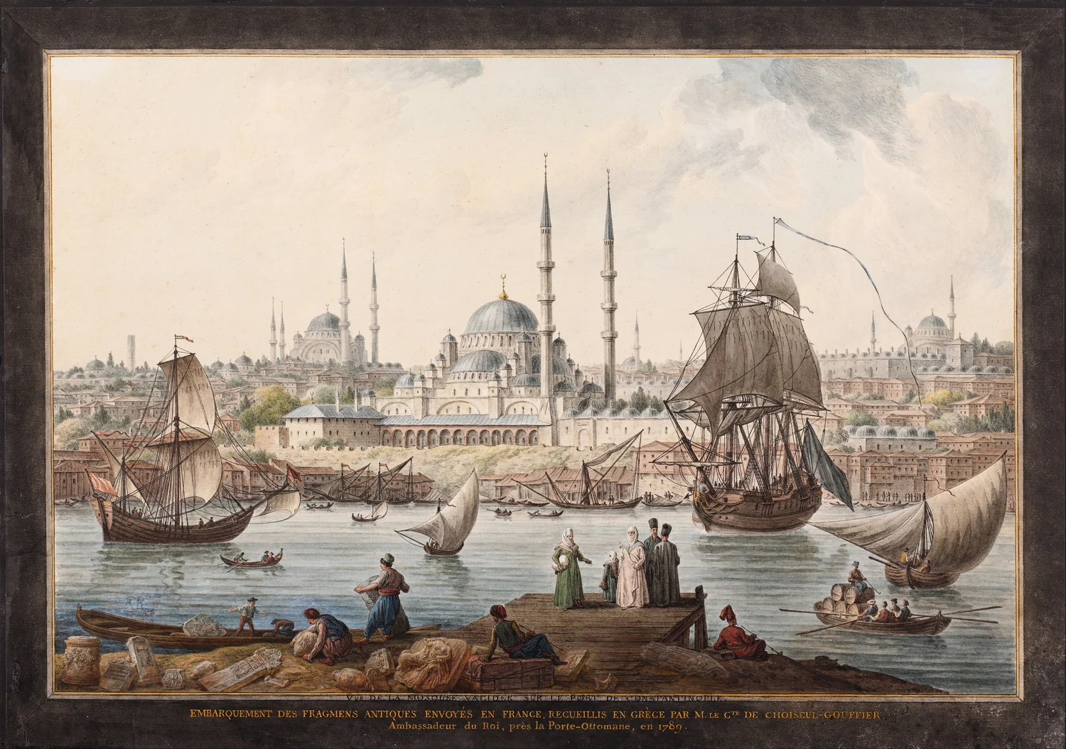 Historic watercolor of boats and people along Istanbul's waterfront beside Yeni Camii