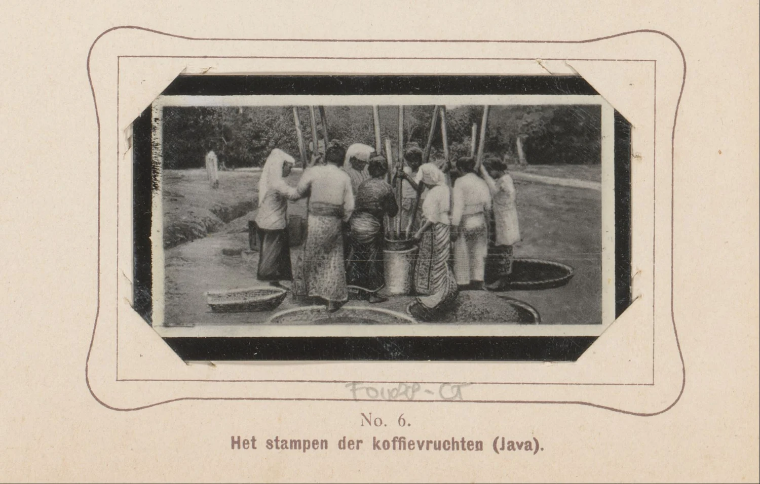 Historic black-and-white scene of women pounding coffee fruits in Java