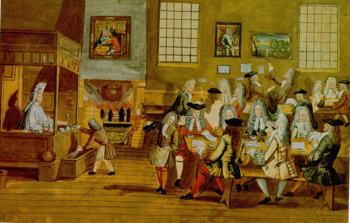 Historic drawing of men seated around tables in a London coffeehouse