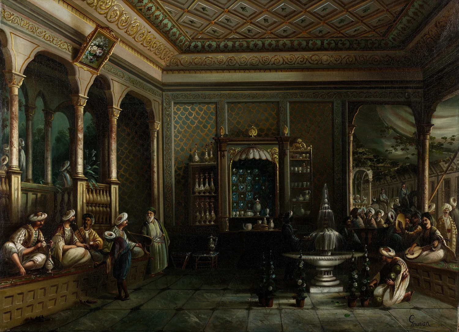 Painting of a spacious Tophane coffeehouse with seated patrons and tall decorated columns