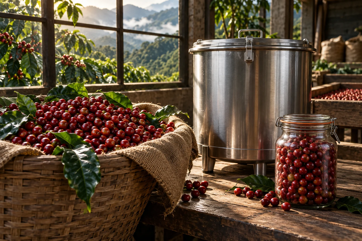 Illustrated coffee cherries beside a fermentation vessel