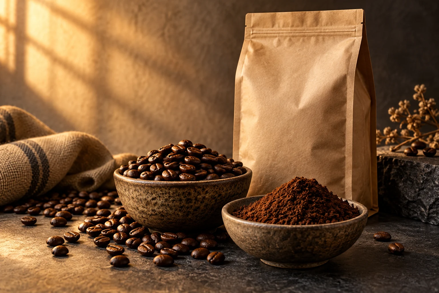 Illustrated sealed coffee bag beside whole beans and ground coffee