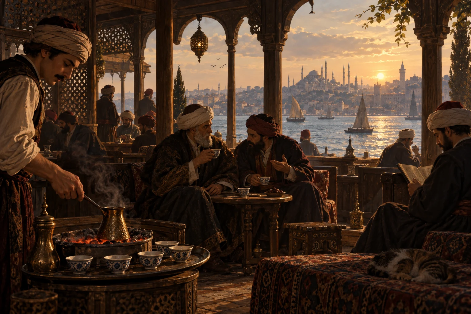 Original illustrated reconstruction of an Ottoman coffeehouse overlooking Istanbul