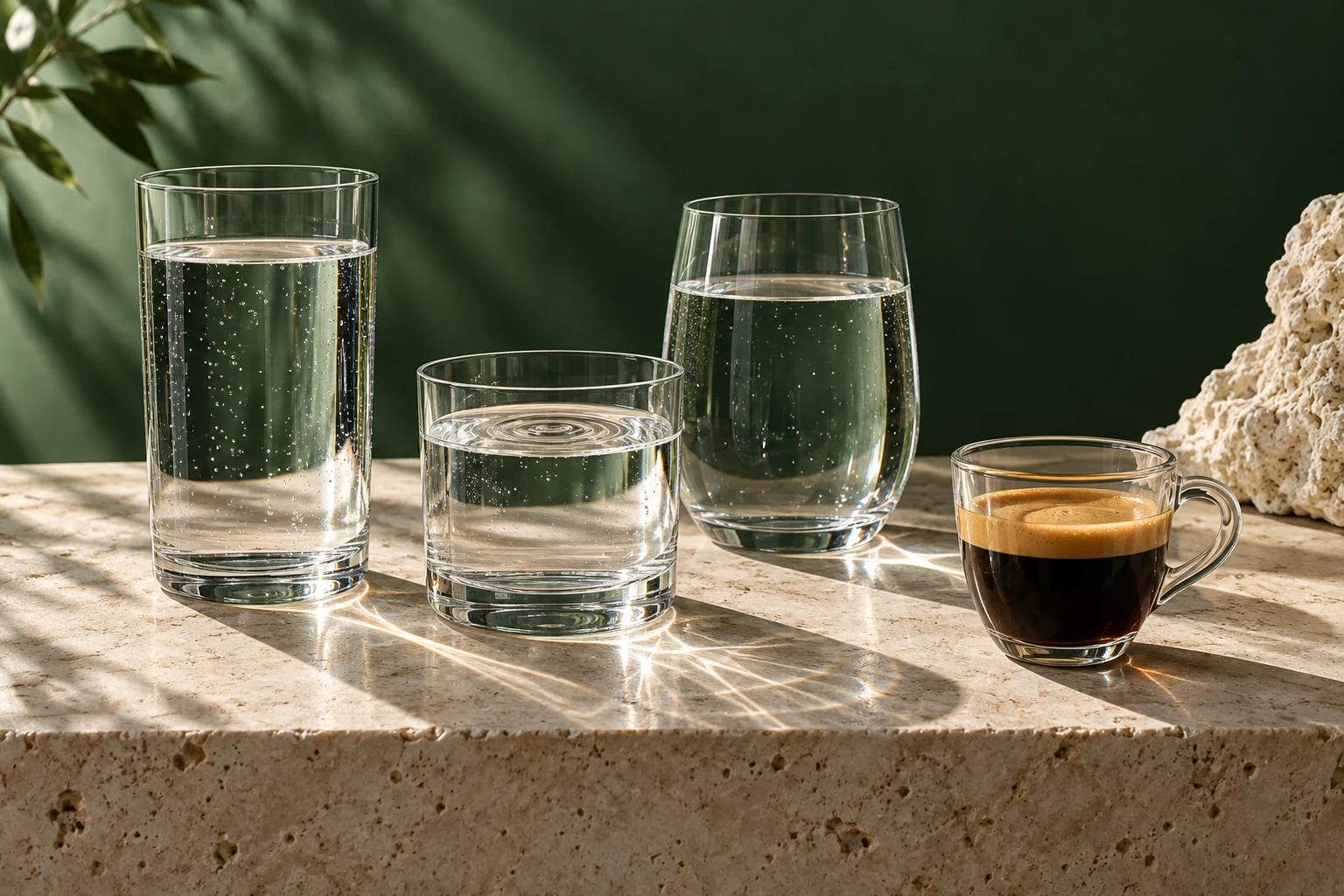 Illustrated glasses of water with refracted light beside espresso