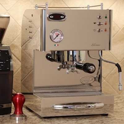 Quick Mill Silvano Evo hybrid espresso machine with PID and separate steam thermoblock on a kitchen counter.