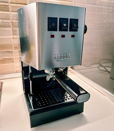 Gaggia Classic Pro Evo compact single-boiler espresso machine on a counter.