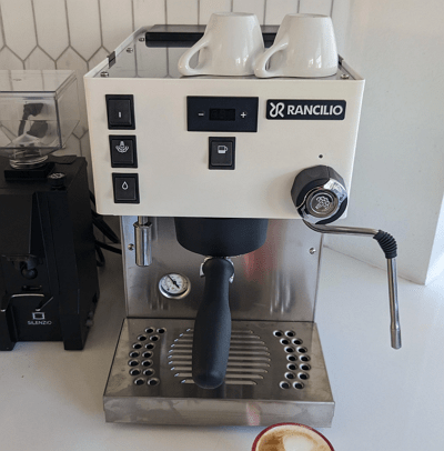 Rancilio Silvia Pro X dual-boiler espresso machine on a kitchen counter.