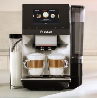 Bosch 500 Series VeroCafe TPU40109 super-automatic espresso machine with double-cup function and external milk hose.