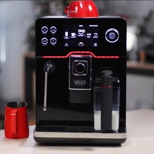 Gaggia Accademia super automatic espresso machine with dual milk system and touch screen.