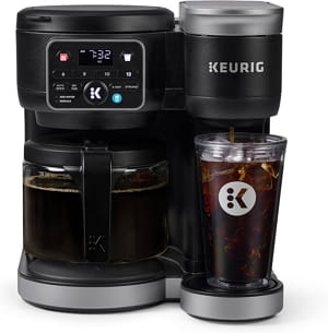 Keurig K-Duo dual coffee maker with single-serve K-Cup side and 12-cup carafe brewing.