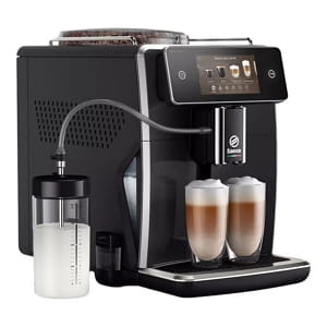 Saeco Xelsis super-automatic coffee machine with touchscreen and LatteDuo milk system.